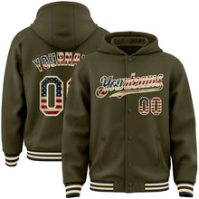 Загрузить изображение в средство просмотра галереи, Custom Olive Vintage USA Flag Cream-Black Bomber Full-Snap Varsity Letterman Salute To Service Hoodie Jacket
