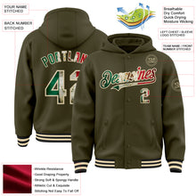 Загрузить изображение в средство просмотра галереи, Custom Olive Vintage Mexican Flag Cream-Black Bomber Full-Snap Varsity Letterman Salute To Service Hoodie Jacket
