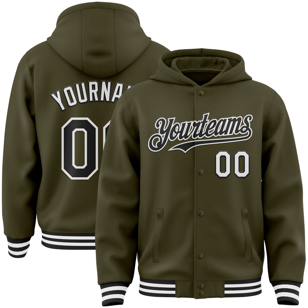 Custom Olive Black-White Bomber Full-Snap Varsity Letterman Salute To Service Hoodie Jacket