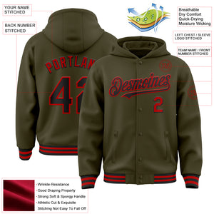 Custom Olive Black-Red Bomber Full-Snap Varsity Letterman Salute To Service Hoodie Jacket