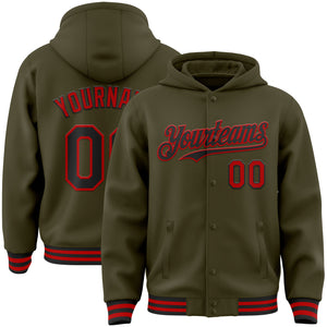 Custom Olive Black-Red Bomber Full-Snap Varsity Letterman Salute To Service Hoodie Jacket