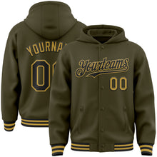 Charger l&#39;image dans la galerie, Custom Olive Black-Old Gold Bomber Full-Snap Varsity Letterman Salute To Service Hoodie Jacket
