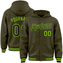 Загрузить изображение в средство просмотра галереи, Custom Olive Black-Neon Green Bomber Full-Snap Varsity Letterman Salute To Service Hoodie Jacket
