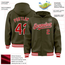 Загрузить изображение в средство просмотра галереи, Custom Olive Red-White Bomber Full-Snap Varsity Letterman Salute To Service Hoodie Jacket
