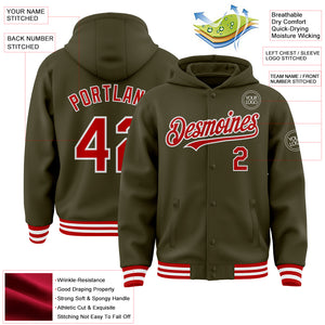 Custom Olive Red-White Bomber Full-Snap Varsity Letterman Salute To Service Hoodie Jacket