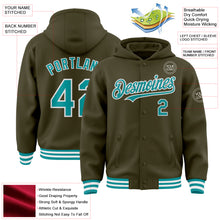 Laden Sie das Bild in den Galerie-Viewer, Custom Olive Teal-White Bomber Full-Snap Varsity Letterman Salute To Service Hoodie Jacket
