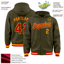 Charger l&#39;image dans la galerie, Custom Olive Red-Gold Bomber Full-Snap Varsity Letterman Salute To Service Hoodie Jacket
