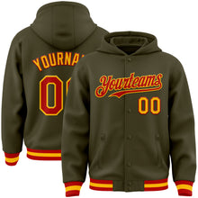 Charger l&#39;image dans la galerie, Custom Olive Red-Gold Bomber Full-Snap Varsity Letterman Salute To Service Hoodie Jacket
