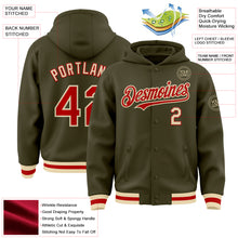 Laden Sie das Bild in den Galerie-Viewer, Custom Olive Red-Cream Bomber Full-Snap Varsity Letterman Salute To Service Hoodie Jacket
