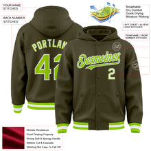 Laden Sie das Bild in den Galerie-Viewer, Custom Olive Neon Green-White Bomber Full-Snap Varsity Letterman Salute To Service Hoodie Jacket
