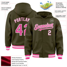 Laden Sie das Bild in den Galerie-Viewer, Custom Olive Pink-White Bomber Full-Snap Varsity Letterman Salute To Service Hoodie Jacket
