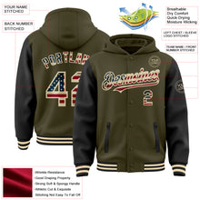 Charger l&#39;image dans la galerie, Custom Olive Vintage USA Flag Cream-Black Bomber Full-Snap Varsity Letterman Two Tone Salute To Service Hoodie Jacket
