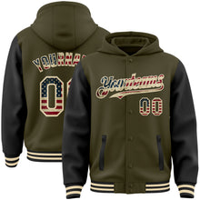 Charger l&#39;image dans la galerie, Custom Olive Vintage USA Flag Cream-Black Bomber Full-Snap Varsity Letterman Two Tone Salute To Service Hoodie Jacket
