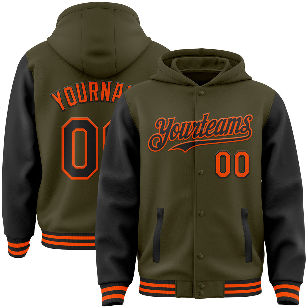 Custom Olive Black-Orange Bomber Full-Snap Varsity Letterman Two Tone Salute To Service Hoodie Jacket