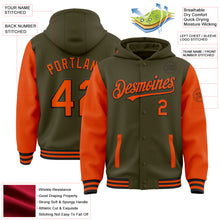 Laden Sie das Bild in den Galerie-Viewer, Custom Olive Orange-Black Bomber Full-Snap Varsity Letterman Two Tone Salute To Service Hoodie Jacket
