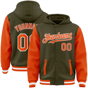 Custom Olive Orange-White Bomber Full-Snap Varsity Letterman Two Tone Salute To Service Hoodie Jacket