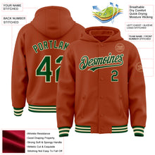 Laden Sie das Bild in den Galerie-Viewer, Custom Texas Orange Green-Cream Bomber Full-Snap Varsity Letterman Hoodie Jacket
