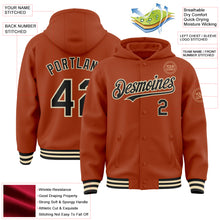 Laden Sie das Bild in den Galerie-Viewer, Custom Texas Orange Black-Cream Bomber Full-Snap Varsity Letterman Hoodie Jacket
