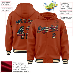 Custom Texas Orange Vintage USA Flag Black-Cream Bomber Full-Snap Varsity Letterman Hoodie Jacket