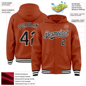 Custom Texas Orange Black-White Bomber Full-Snap Varsity Letterman Hoodie Jacket