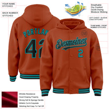 Laden Sie das Bild in den Galerie-Viewer, Custom Texas Orange Black-Teal Bomber Full-Snap Varsity Letterman Hoodie Jacket
