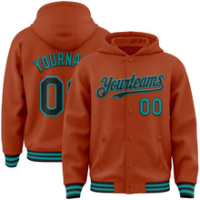 Laden Sie das Bild in den Galerie-Viewer, Custom Texas Orange Black-Teal Bomber Full-Snap Varsity Letterman Hoodie Jacket
