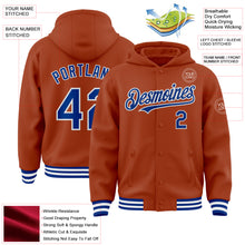 Laden Sie das Bild in den Galerie-Viewer, Custom Texas Orange Royal-White Bomber Full-Snap Varsity Letterman Hoodie Jacket
