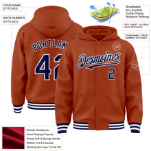 Загрузить изображение в средство просмотра галереи, Custom Texas Orange Navy-White Bomber Full-Snap Varsity Letterman Hoodie Jacket
