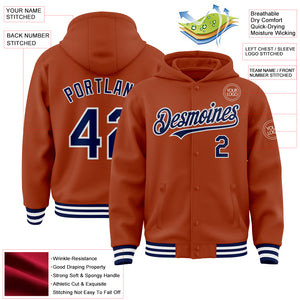 Custom Texas Orange Navy-White Bomber Full-Snap Varsity Letterman Hoodie Jacket