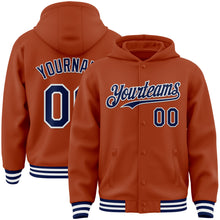 Загрузить изображение в средство просмотра галереи, Custom Texas Orange Navy-White Bomber Full-Snap Varsity Letterman Hoodie Jacket
