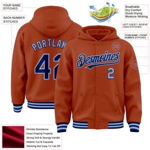 Custom Texas Orange Navy-Light Blue Bomber Full-Snap Varsity Letterman Hoodie Jacket