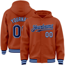 Загрузить изображение в средство просмотра галереи, Custom Texas Orange Navy-Light Blue Bomber Full-Snap Varsity Letterman Hoodie Jacket
