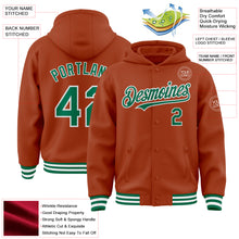 Загрузить изображение в средство просмотра галереи, Custom Texas Orange Kelly Green-White Bomber Full-Snap Varsity Letterman Hoodie Jacket
