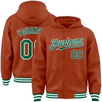 Custom Texas Orange Kelly Green-White Bomber Full-Snap Varsity Letterman Hoodie Jacket