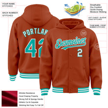 Загрузить изображение в средство просмотра галереи, Custom Texas Orange Aqua-White Bomber Full-Snap Varsity Letterman Hoodie Jacket
