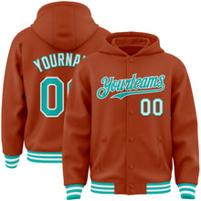 Загрузить изображение в средство просмотра галереи, Custom Texas Orange Aqua-White Bomber Full-Snap Varsity Letterman Hoodie Jacket
