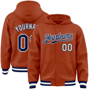 Custom Texas Orange Navy-White Bomber Full-Snap Varsity Letterman Hoodie Jacket