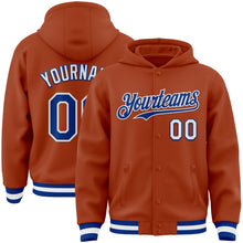 Загрузить изображение в средство просмотра галереи, Custom Texas Orange Royal-White Bomber Full-Snap Varsity Letterman Hoodie Jacket
