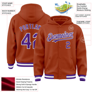 Custom Texas Orange Purple-White Bomber Full-Snap Varsity Letterman Hoodie Jacket