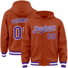 Загрузить изображение в средство просмотра галереи, Custom Texas Orange Purple-White Bomber Full-Snap Varsity Letterman Hoodie Jacket
