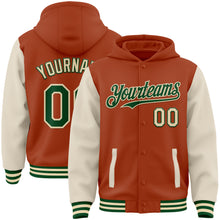 Загрузить изображение в средство просмотра галереи, Custom Texas Orange Green-Cream Bomber Full-Snap Varsity Letterman Two Tone Hoodie Jacket
