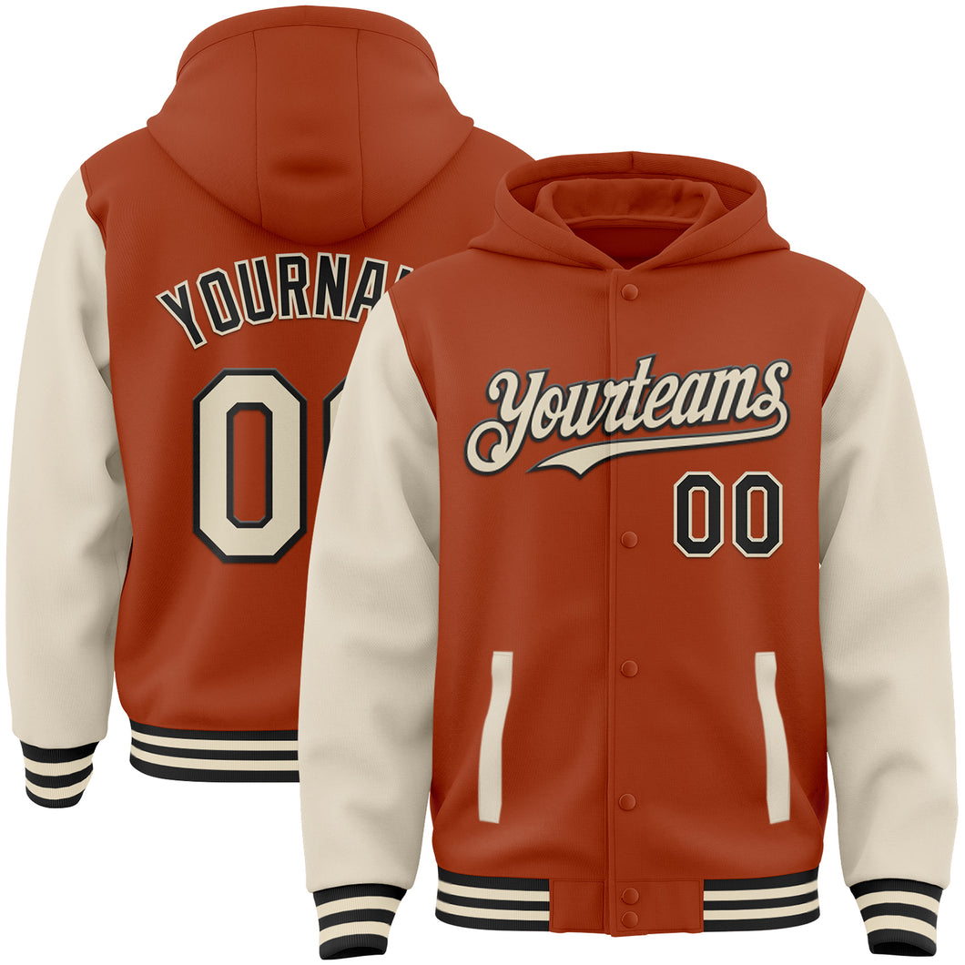 Custom Texas Orange Cream-Black Bomber Full-Snap Varsity Letterman Two Tone Hoodie Jacket