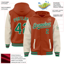 Загрузить изображение в средство просмотра галереи, Custom Texas Orange Kelly Green-Cream Bomber Full-Snap Varsity Letterman Two Tone Hoodie Jacket
