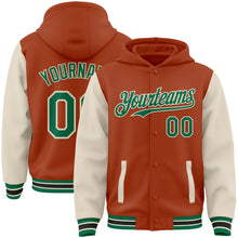 Загрузить изображение в средство просмотра галереи, Custom Texas Orange Kelly Green-Cream Bomber Full-Snap Varsity Letterman Two Tone Hoodie Jacket
