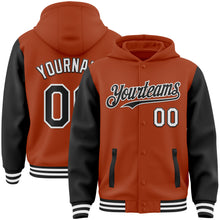 Загрузить изображение в средство просмотра галереи, Custom Texas Orange Black-White Bomber Full-Snap Varsity Letterman Two Tone Hoodie Jacket
