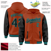 Загрузить изображение в средство просмотра галереи, Custom Texas Orange Black-Teal Bomber Full-Snap Varsity Letterman Two Tone Hoodie Jacket
