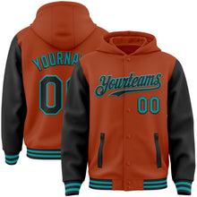 Загрузить изображение в средство просмотра галереи, Custom Texas Orange Black-Teal Bomber Full-Snap Varsity Letterman Two Tone Hoodie Jacket
