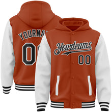 Загрузить изображение в средство просмотра галереи, Custom Texas Orange Black-White Bomber Full-Snap Varsity Letterman Two Tone Hoodie Jacket
