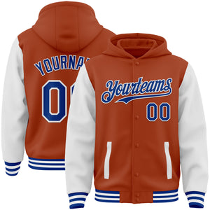 Custom Texas Orange Royal-White Bomber Full-Snap Varsity Letterman Two Tone Hoodie Jacket