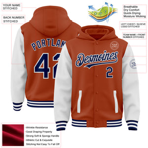 Custom Texas Orange Navy-White Bomber Full-Snap Varsity Letterman Two Tone Hoodie Jacket